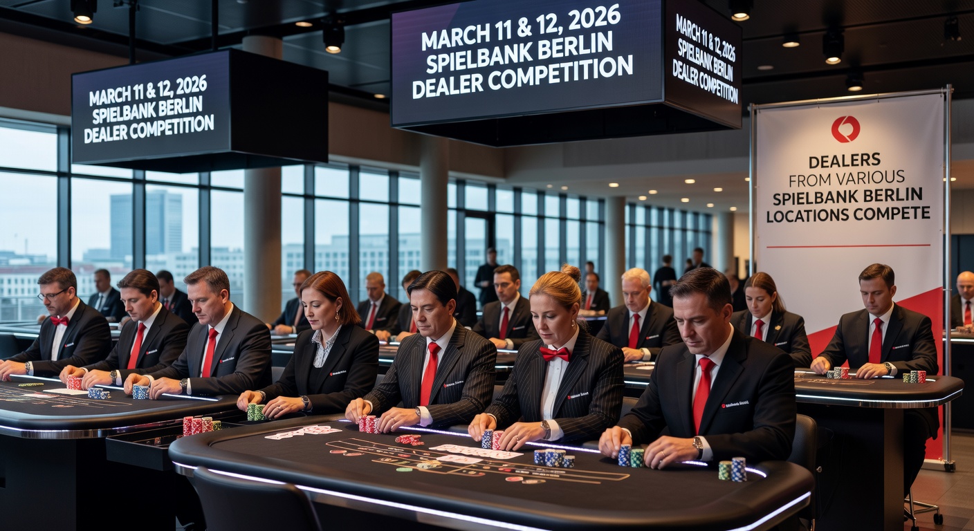 Siegerpodium der Berlin Dealer Championship mit Trophäen und jubelnden Croupiers vor dem Hintergrund eines Roulette-Tisches