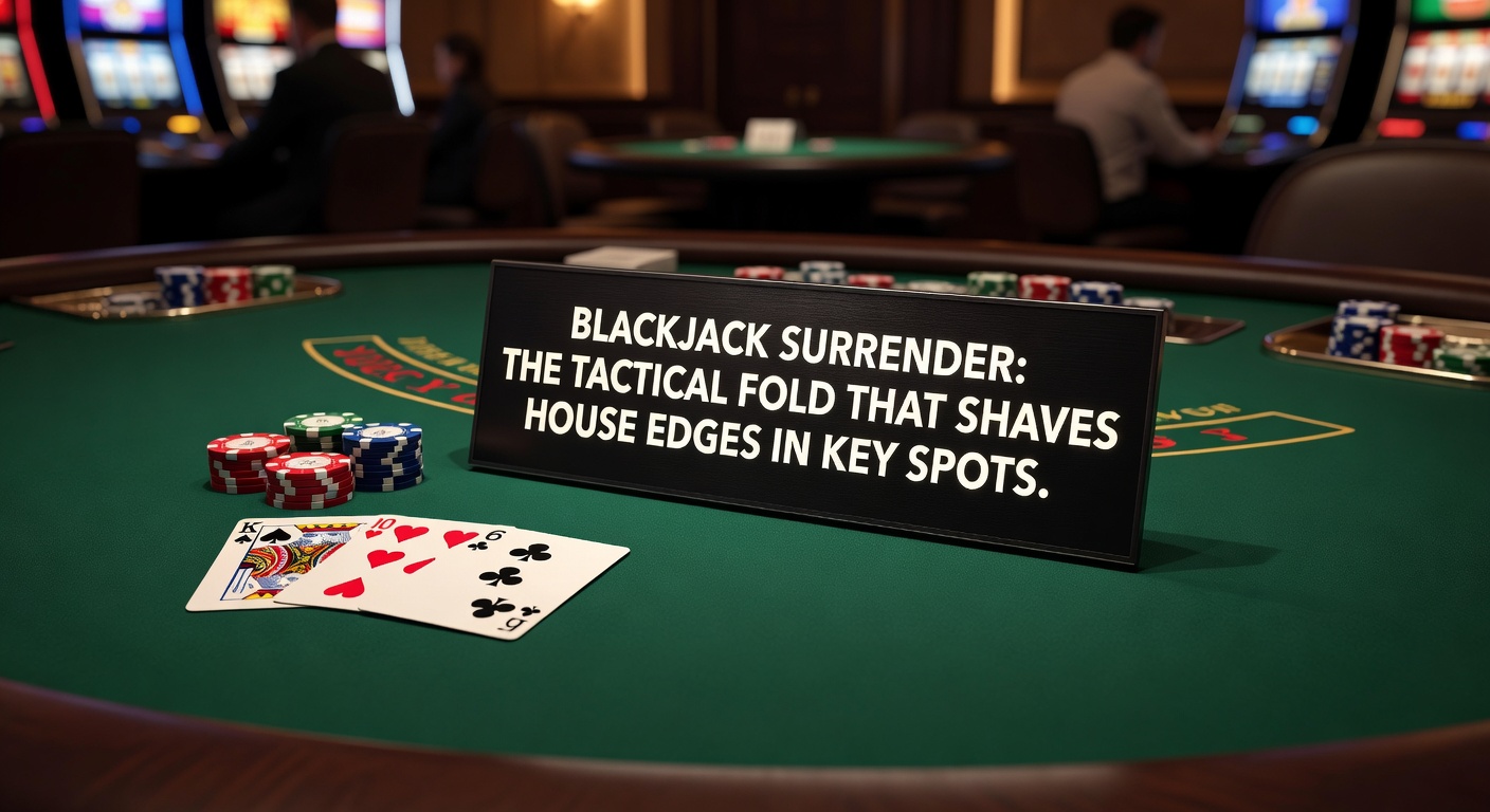 Ein Blackjack-Tisch mit markierter Surrender-Option; der Dealer mustert die Karten, während der Spieler eine taktische Entscheidung trifft