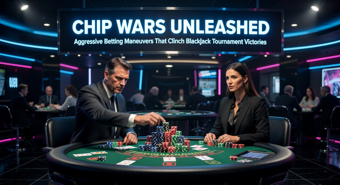 Spieler stapeln farbige Chips am Blackjack-Tisch während eines intensiven Turniers, mit angespannten Gesichtern und fliegenden Karten