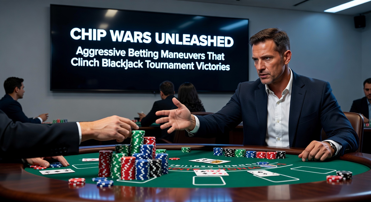 Nahaufnahme eines Turnierfinalisten, der einen massiven Chip-Stack vor sich hat, während der Dealer Karten verteilt und Zuschauer im Hintergrund jubeln