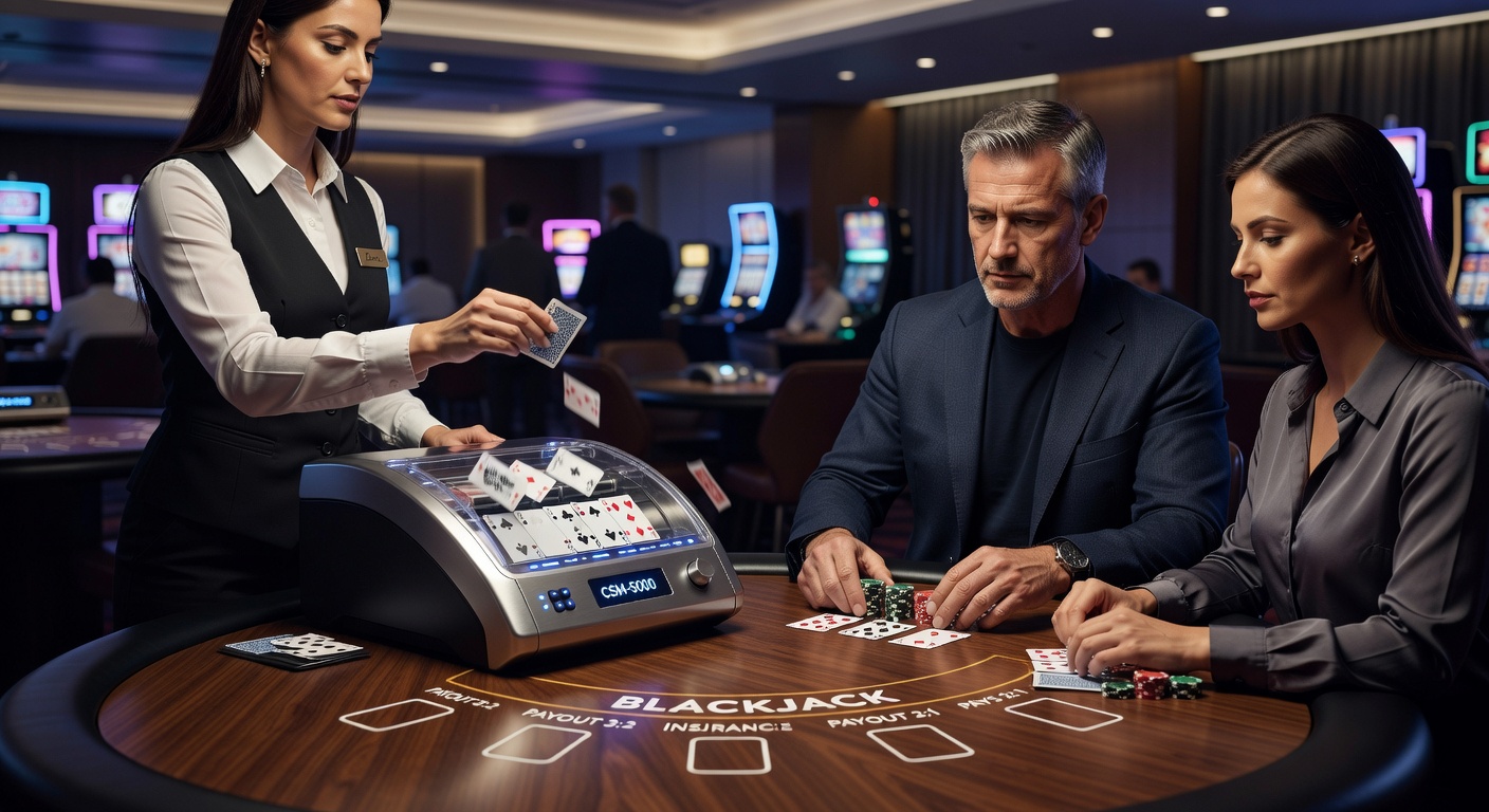 Eine Continuous Shuffle Machine (CSM) in Aktion an einem Blackjack-Tisch in einem Las-Vegas-Casino, Karten fliegen durch den Mechanismus während der Dealer weitermischt
