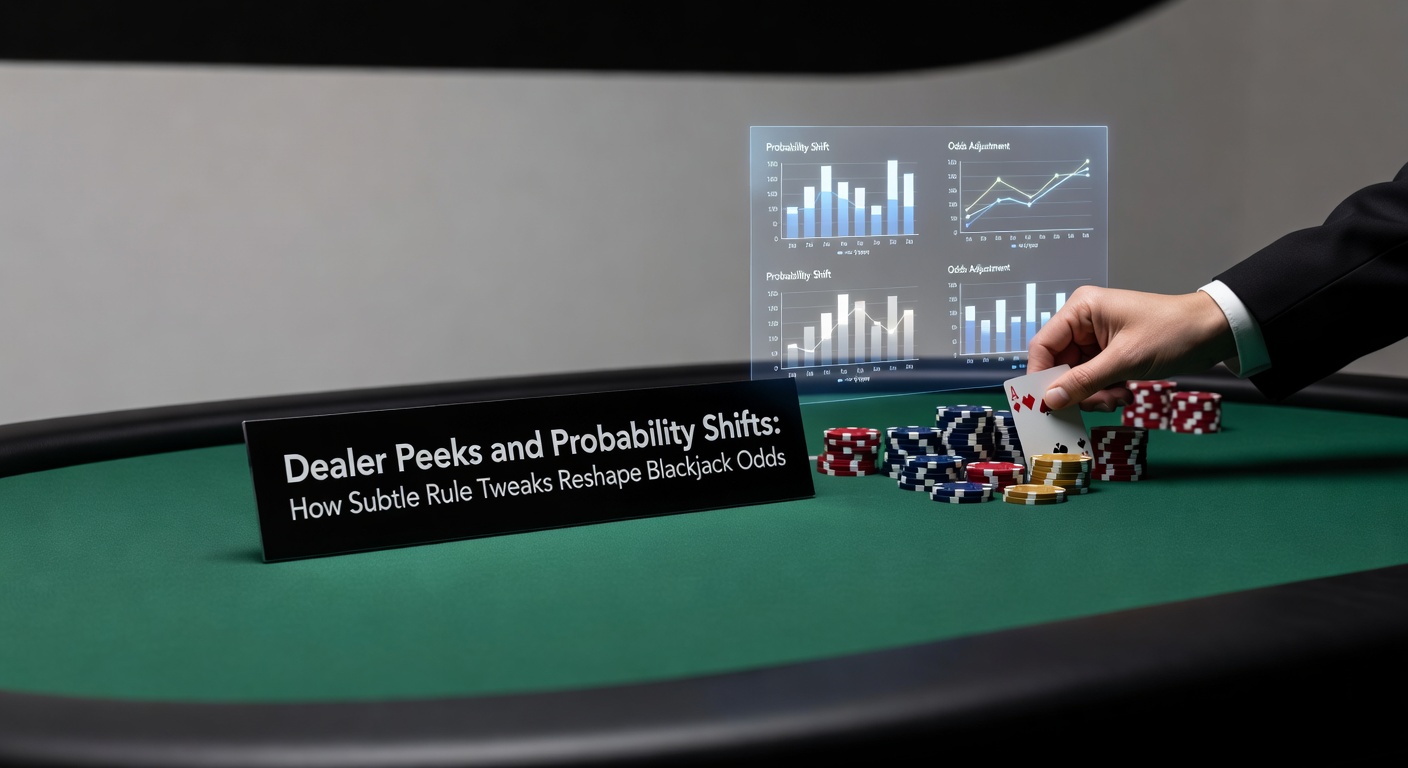 Dealer schaut diskret unter seine verdeckte Karte während eines Blackjack-Spiels an einem Casino-Tisch