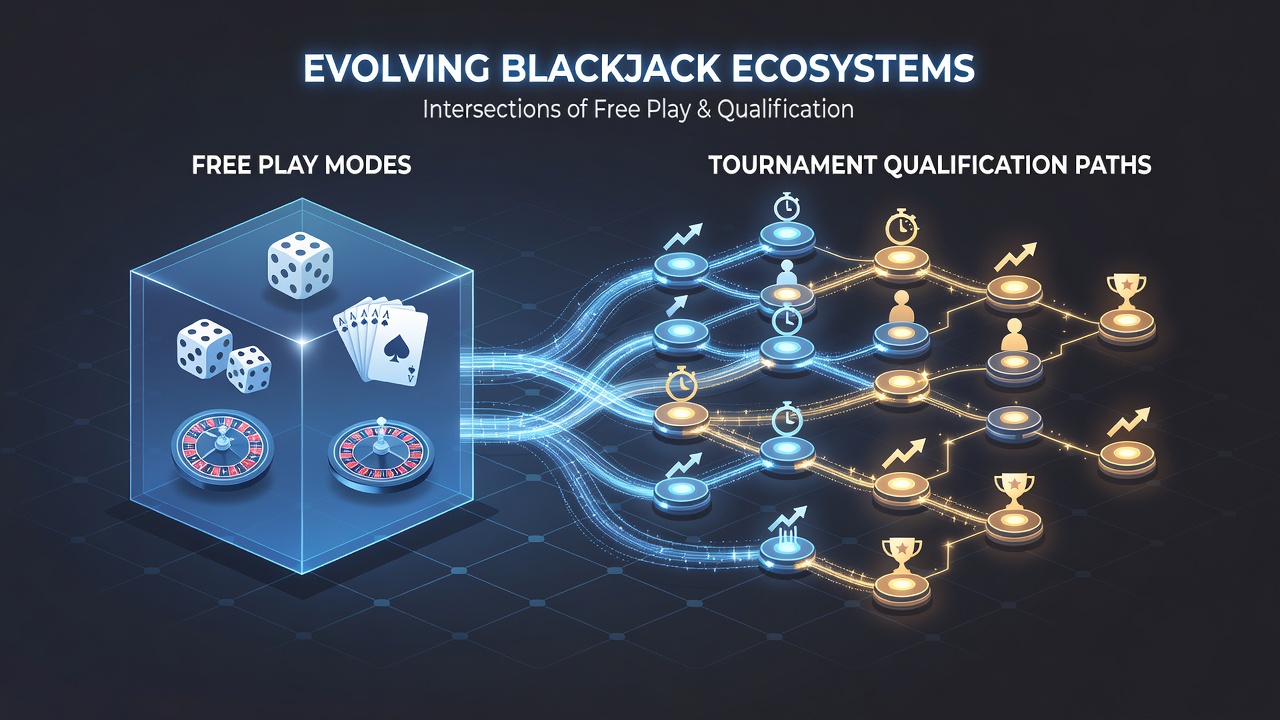 Illustration von vernetzten Blackjack-Plattformen mit Qualifikationspfaden