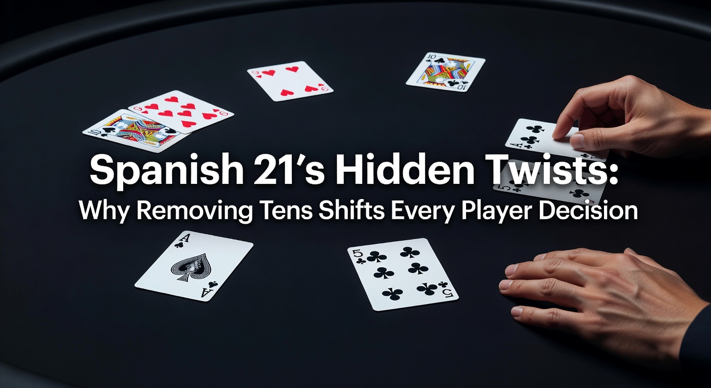 Ein Spanish-21-Tisch in einem belebten Casino mit Spielern, die Karten analysieren, während der Dealer mischt – ein typisches Szenario, das die einzigartigen Regeln hervorhebt
